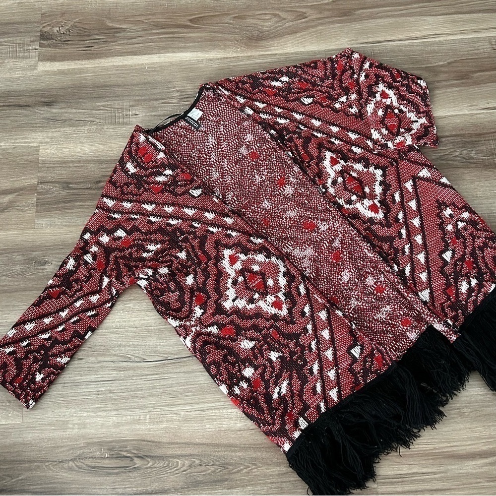 DIVIDED Red Black White Southwestern Knit Fringe Open Front Cardigan women Sz S